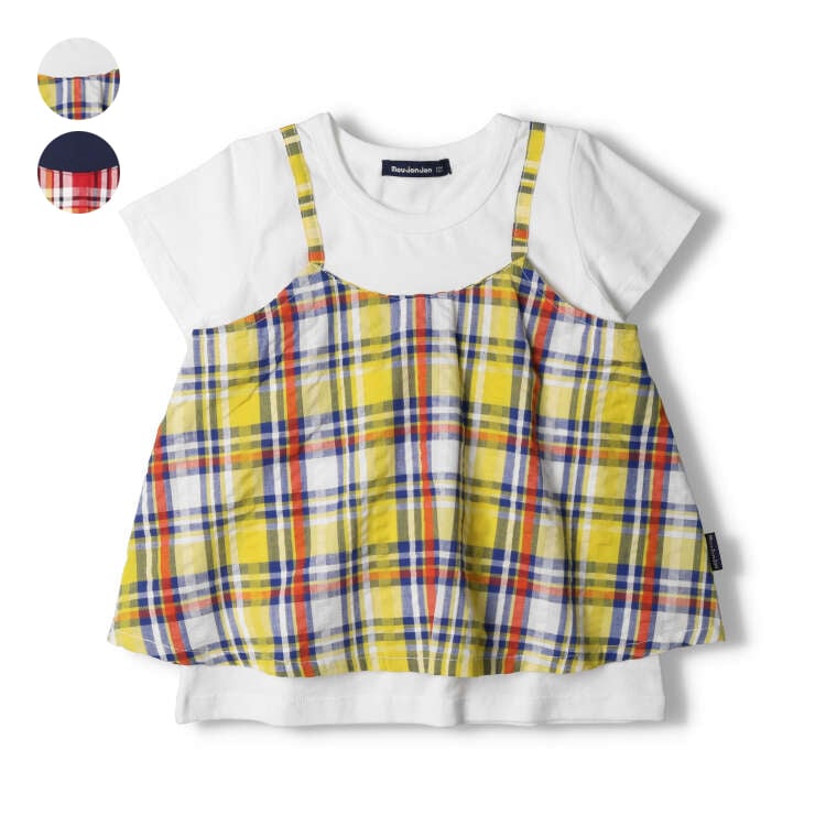 マドラスチェックレイヤード風半袖Tシャツ(黄チェック, 80cm)