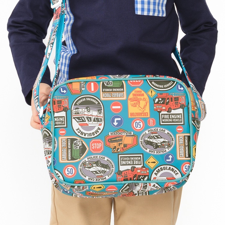 *働く車・恐竜総柄通園バッグ(エメラルドグリーン-FREE)