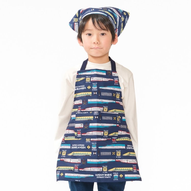 JR新幹線電車柄エプロン・三角巾セット(ネイビー-M)