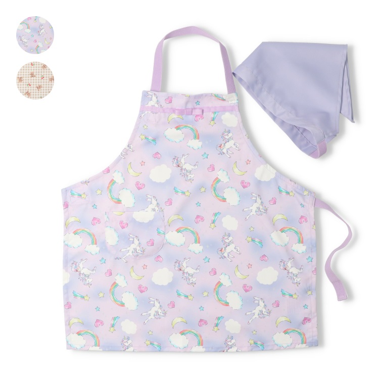 ユニコーン・くま総柄エプロン・三角巾セット
