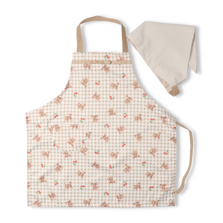 *ユニコーン・くま総柄エプロン・三角巾セット(ベージュ-L)