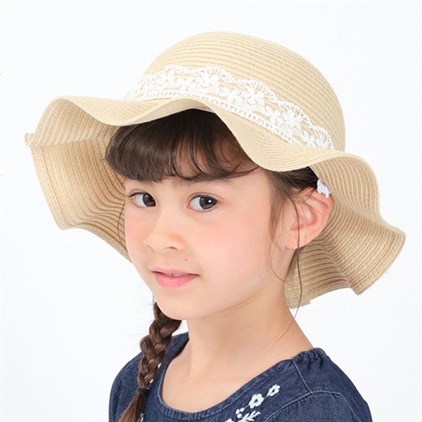 洗えるたためるレース付ひらひらハット・帽子(ベージュ-54cm)
