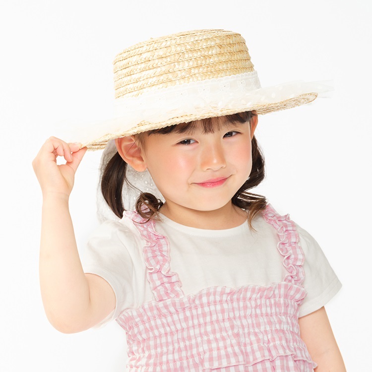 *【WEB限定】レース・チュール付麦わら帽子ハット(ドット柄チュール-54cm)