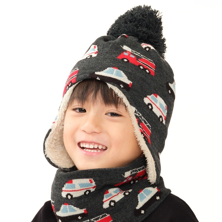 働く車総柄ニット帽(チャコールグレー-49cm)