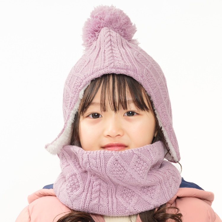 ケーブル編耳付ニット帽(ラベンダー-56cm)