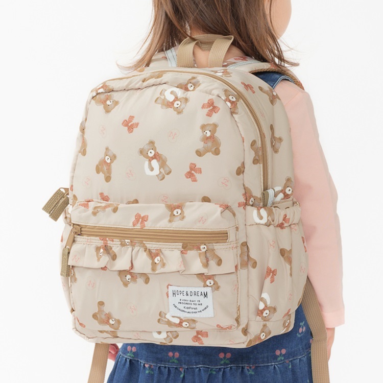 くま・働く車総柄リュック(ベージュ-L-ベージュ)