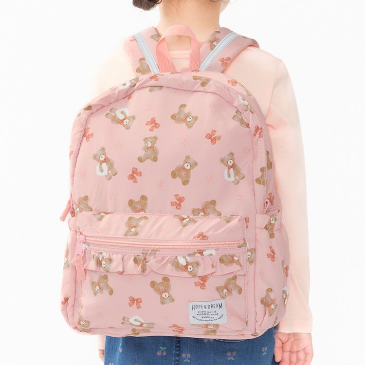 くま・働く車総柄リュック(ピンク-M-ピンク)