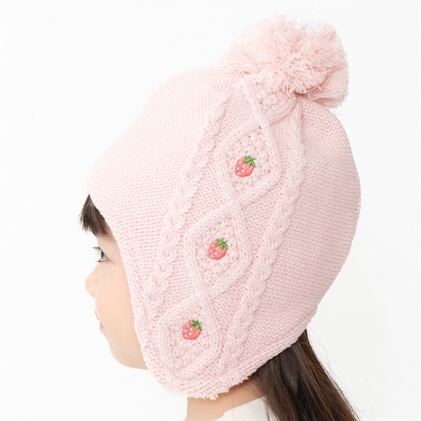 新品未使用　いちごモチーフ付きニット帽　クロ系 いちご刺繍耳付アクリルニット帽・帽子 帽子｜子供服・ベビー服の通販