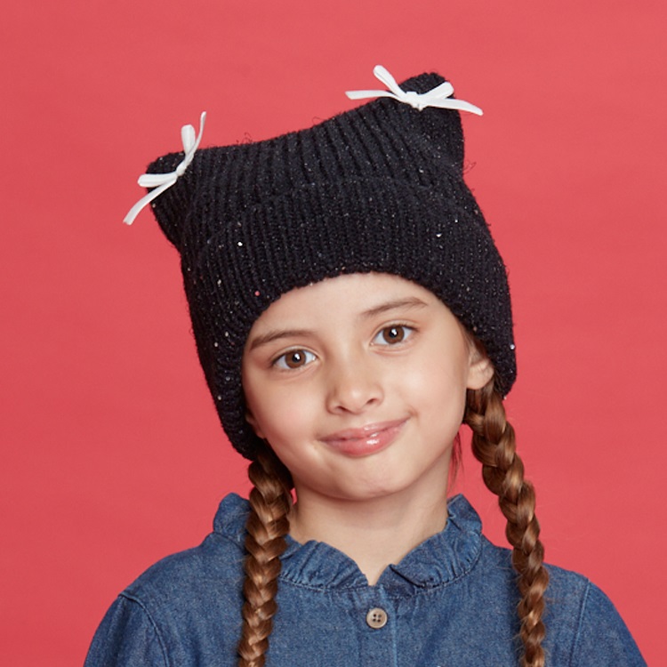 リボン付きネコ耳ニット帽(ブラック-49cm)