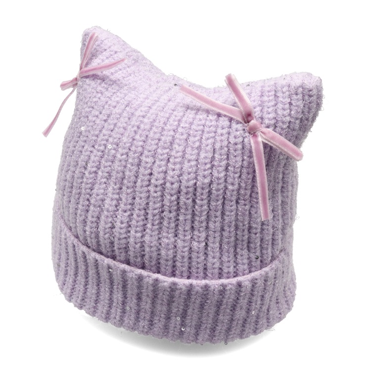 リボン付きネコ耳ニット帽(ラベンダー-49cm)