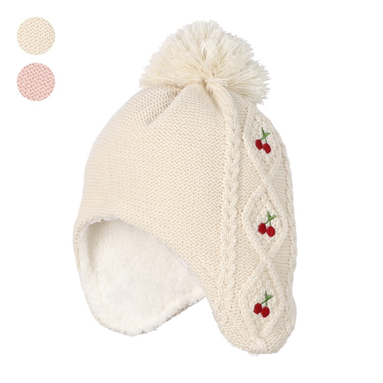 *さくらんぼ刺繍耳付アクリルニット帽