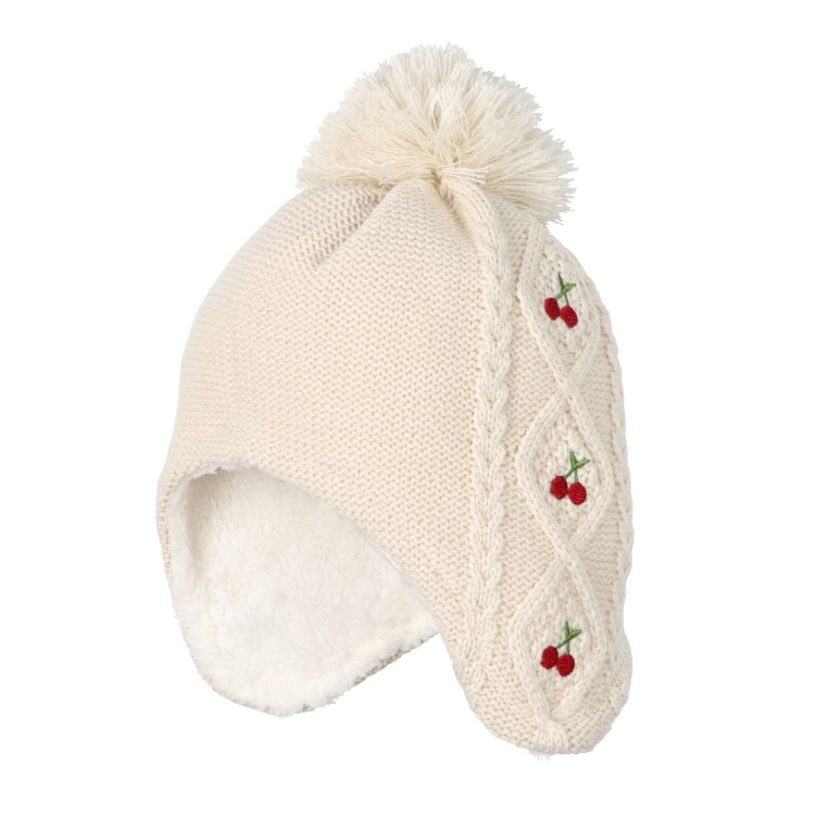 さくらんぼ刺繍耳付アクリルニット帽(オフホワイト-53cm)