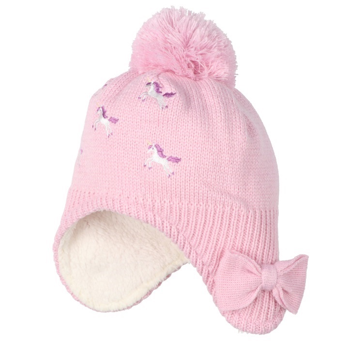 ユニコーン刺繍耳付アクリルニット帽(ピンク-49cm)