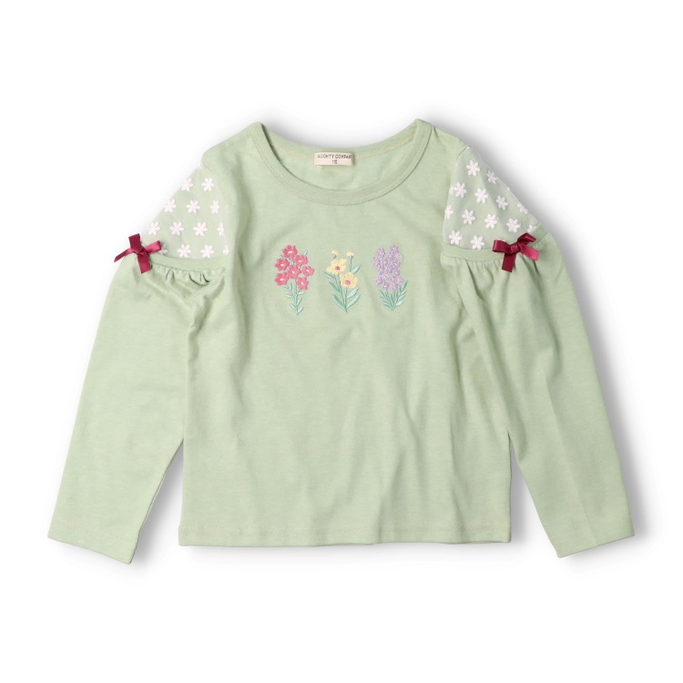 お花刺繍長袖Tシャツ(エメラルドグリーン-90cm)