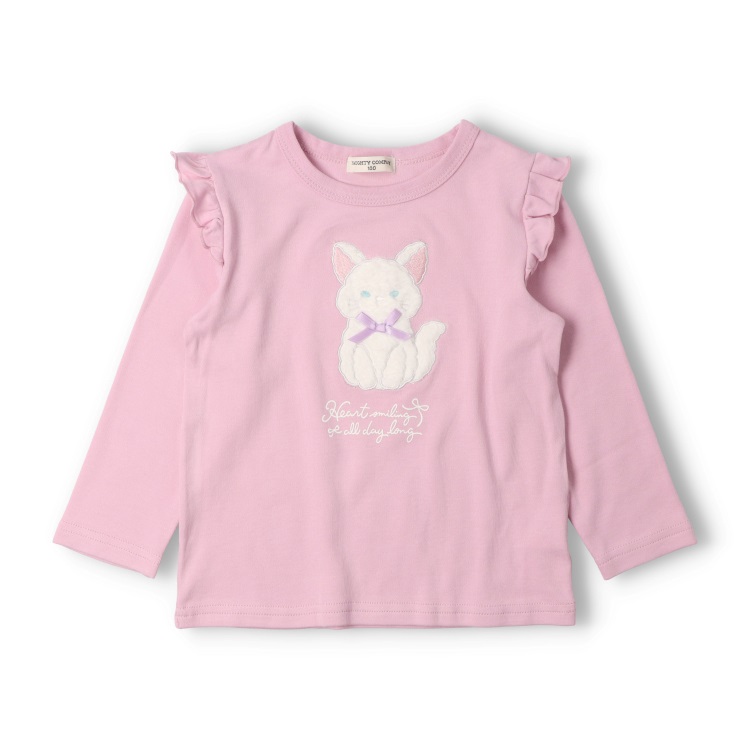ねこ・うさぎボアアップリケ長袖Tシャツ(ピンク-120cm)
