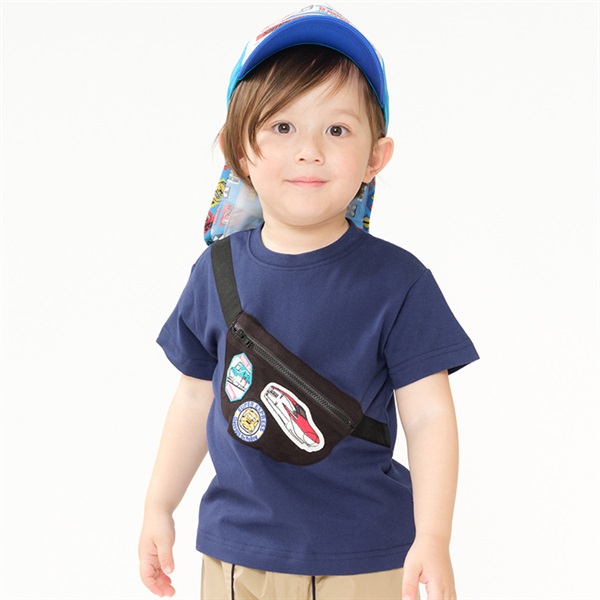 JR新幹線電車ワッペン付バッグ付き半袖Tシャツ(ネイビー-100cm)
