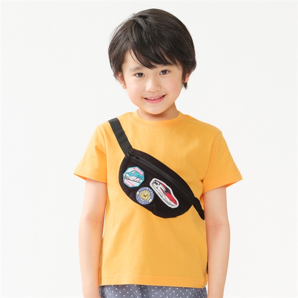 JR新幹線電車ワッペン付バッグ付き半袖Tシャツ(オレンジ-130cm)