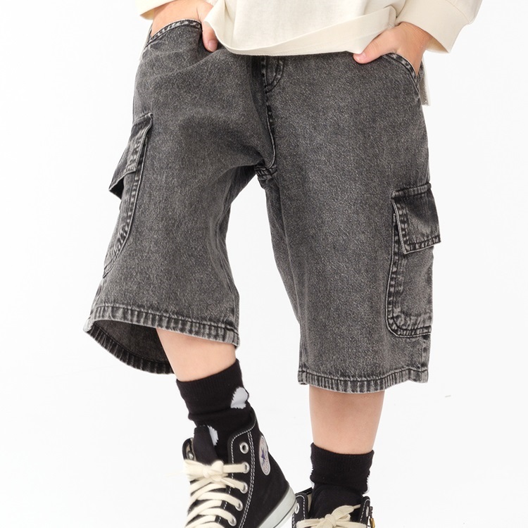 *デニムカーゴ6分丈ハーフパンツ(ブラック-120cm)