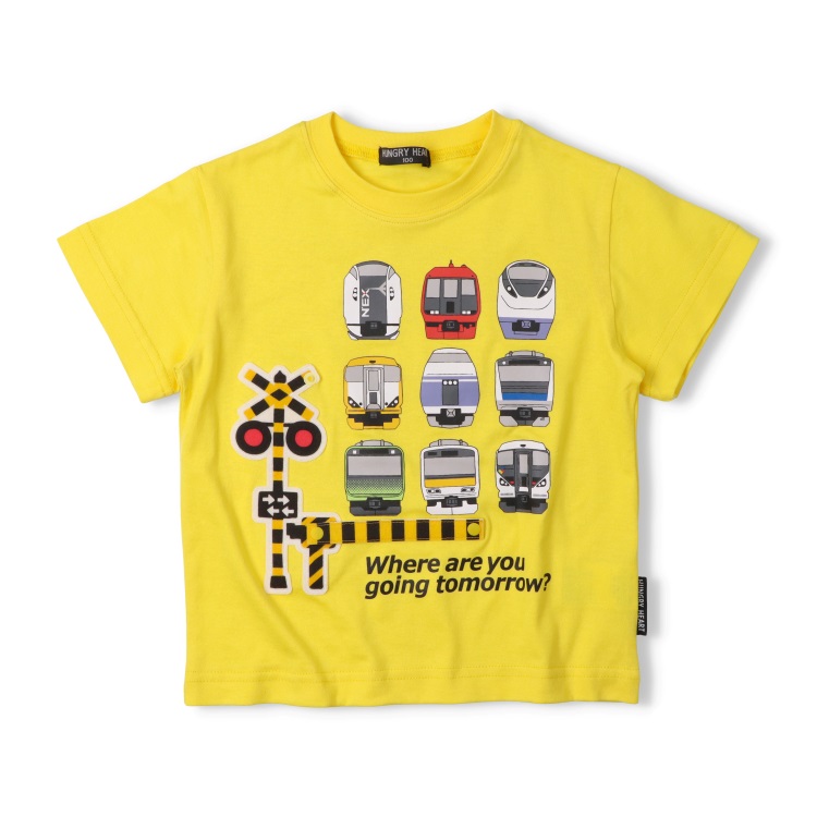 JR在来線電車プリント踏切仕掛け半袖Tシャツ(イエロー-130cm)