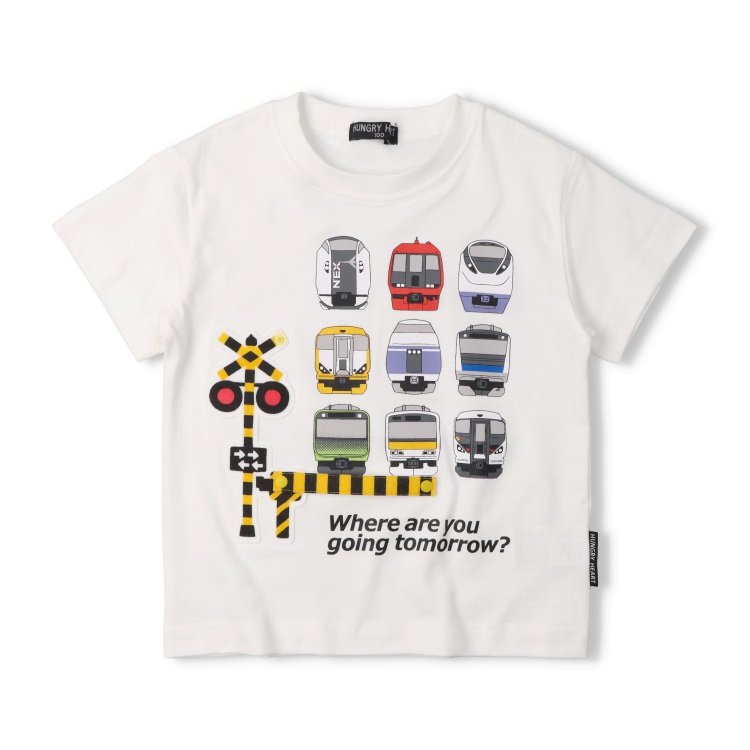 JR在来線電車プリント踏切仕掛け半袖Tシャツ(ホワイト-90cm)