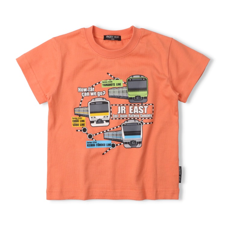 JR在来線電車路線図風プリント半袖Tシャツ(オレンジ-100cm)