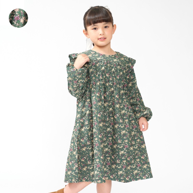 小花柄シャツコール長袖ワンピース