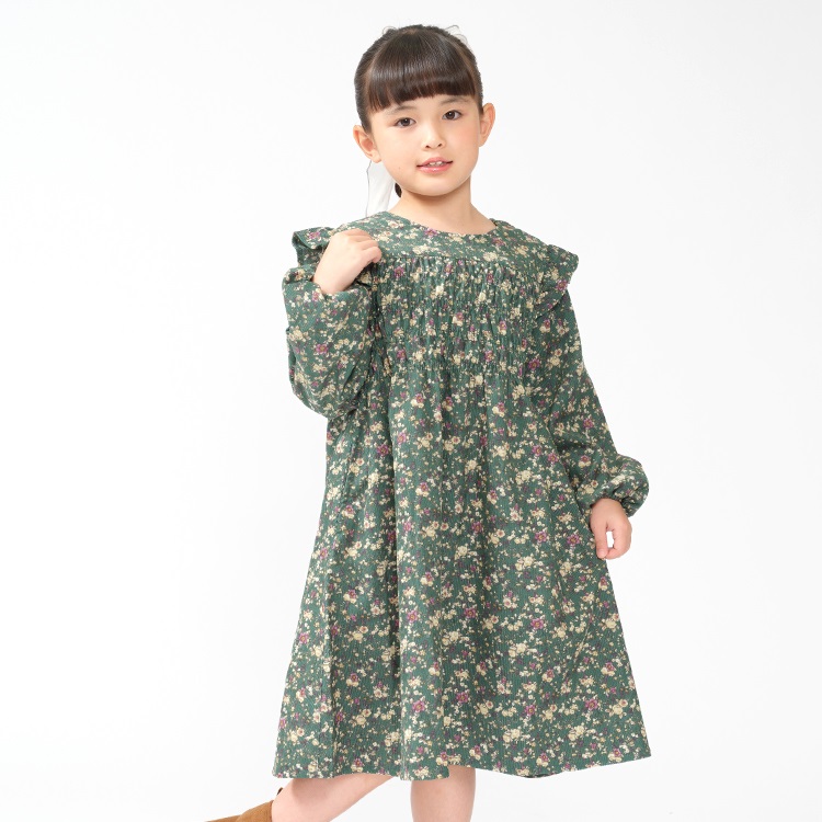 小花柄シャツコール長袖ワンピース(グリーン-100cm)