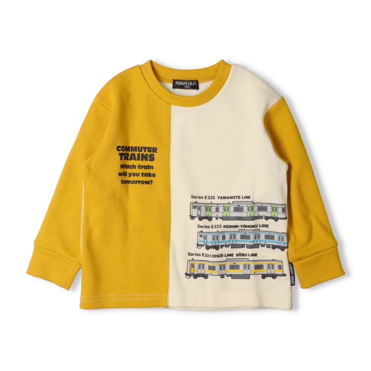 JR在来線電車プリント縦切替裏毛トレーナー(イエロー-90cm)