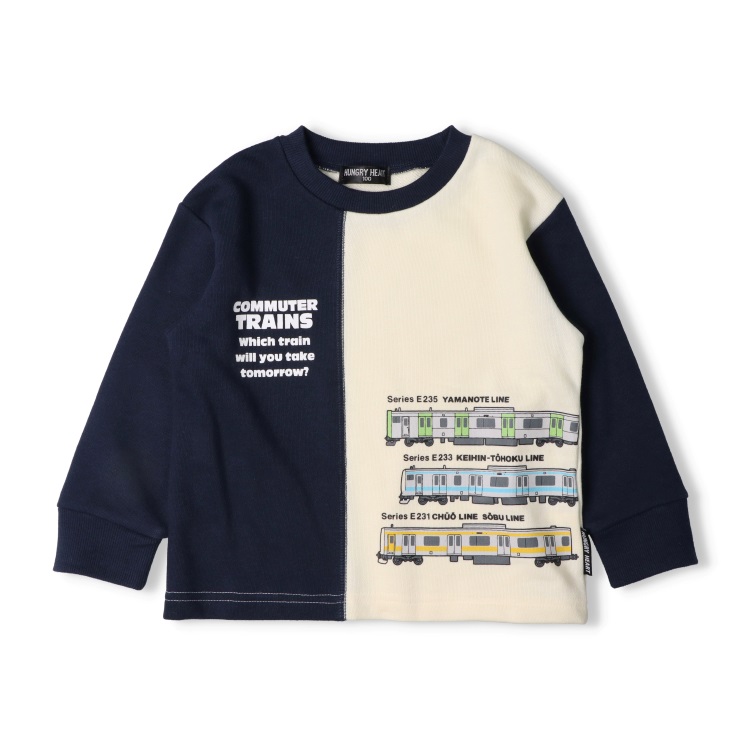 JR在来線電車プリント縦切替裏毛トレーナー(ネイビー-90cm)