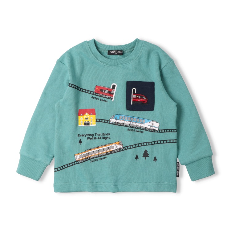 近鉄電車刺繍ポケット付き裏毛トレーナー(エメラルドグリーン-100cm)