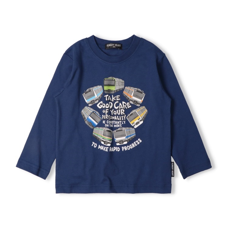 JR在来線電車集合プリント長袖Tシャツ(ネイビー-100cm)