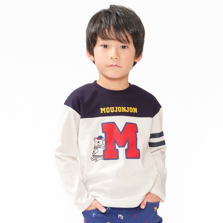 *くま・ぞうプリント切替長袖Tシャツ(ホワイト-140cm)