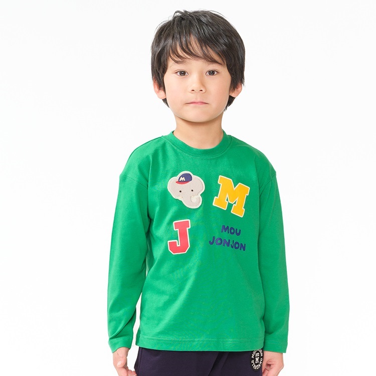 *くま・ぞうワッペン付長袖Tシャツ(グリーン-130cm)