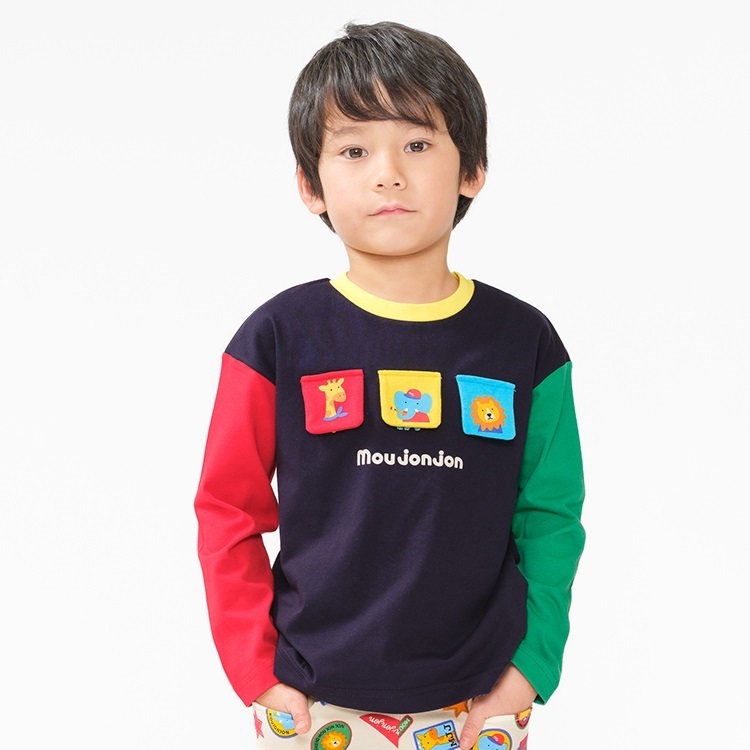 動物仕掛け長袖Tシャツ(ネイビー-80cm)