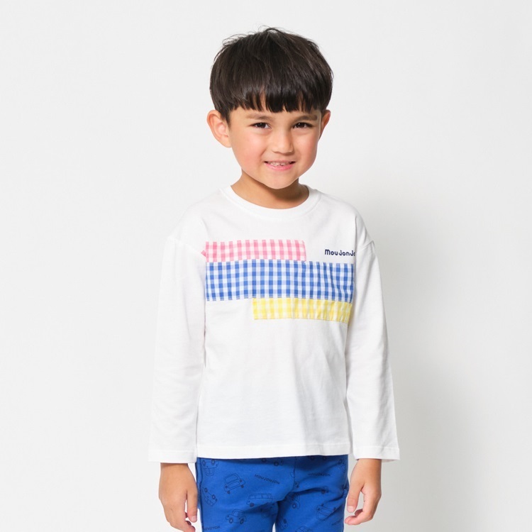 *ギンガムチェック配色長袖Tシャツ(ホワイト-80cm)