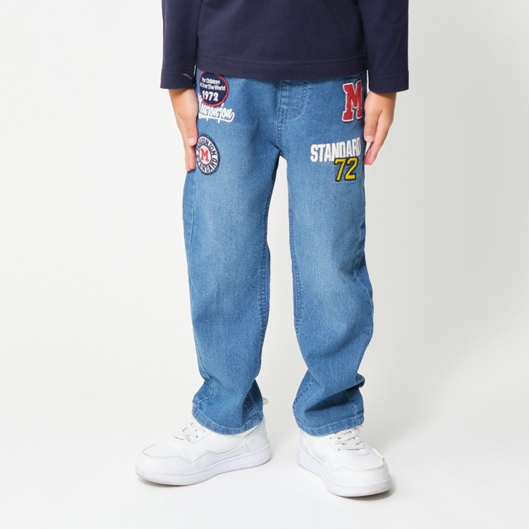 *ワッペン付デニムロングパンツ(ブルー-130cm)