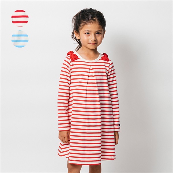 肩リボンボーダー長袖ワンピース ワンピース|子供服・ベビー服 肩リボンボーダー長袖ワンピース ワンピース|子供服・ベビー服