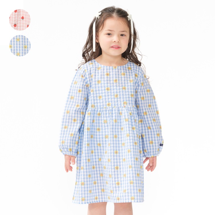 いちご・小花柄ギンガムチェック柄長袖ワンピース