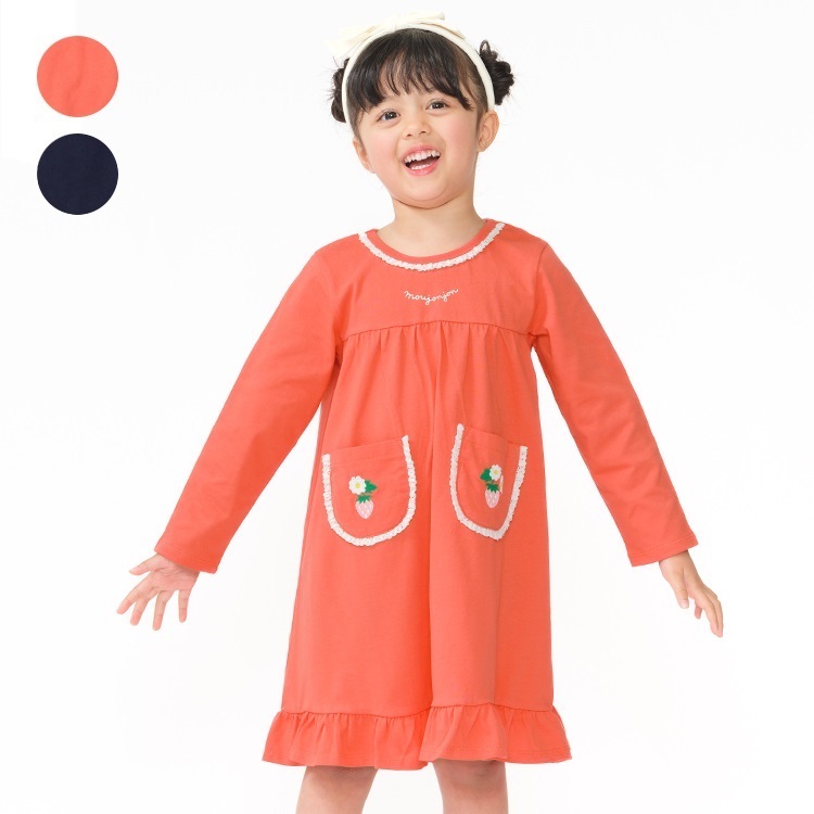 ポケットいちご刺繍長袖ワンピース