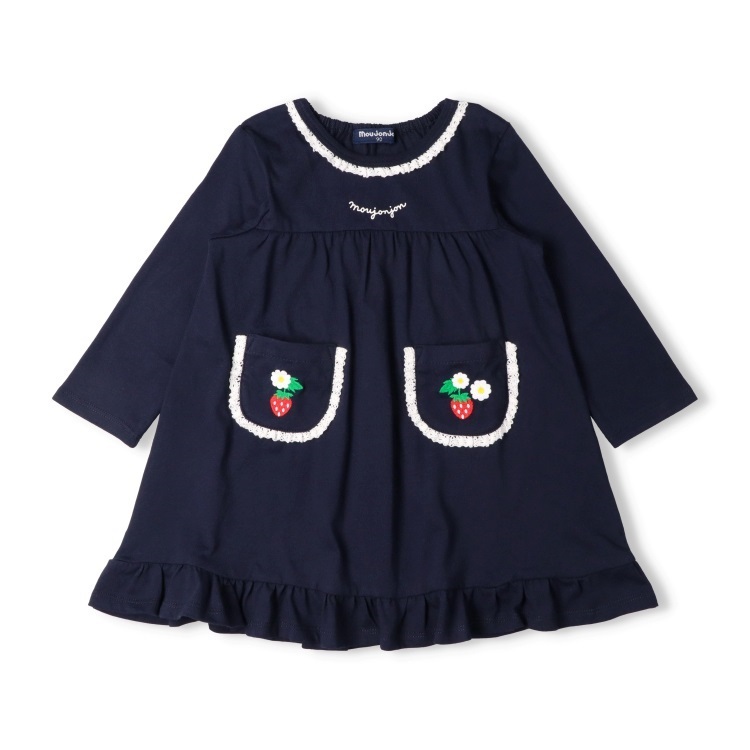 ポケットいちご刺繍長袖ワンピース(ネイビー-100cm)