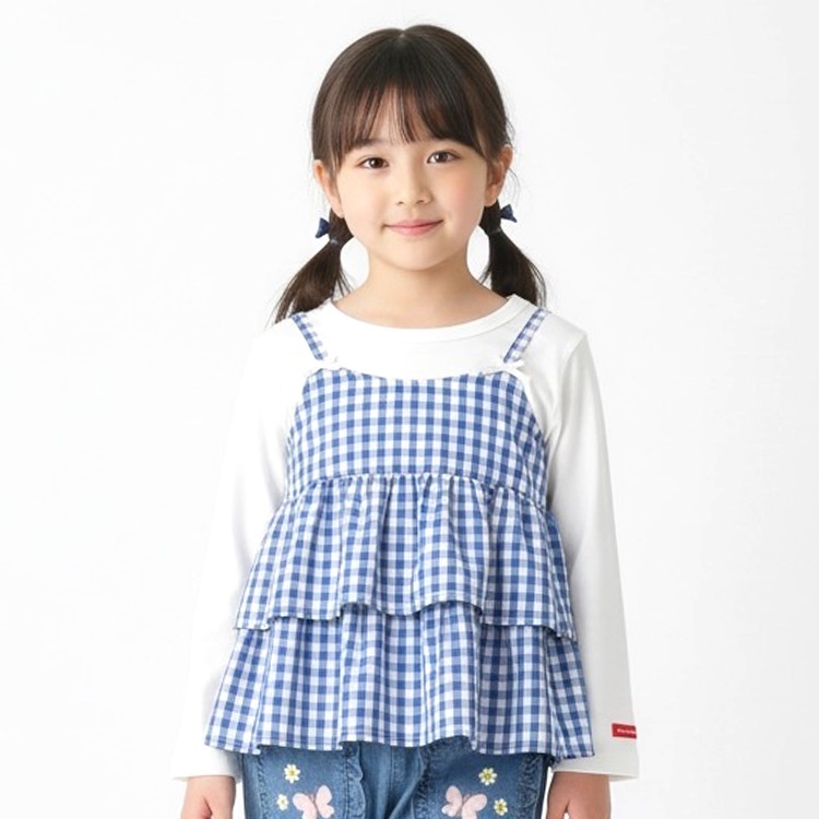 *ギンガムチェック柄キャミ付長袖Tシャツ(ブルー-90cm)