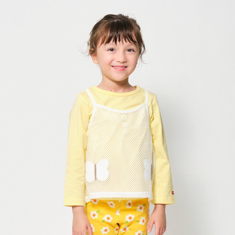 メッシュベスト重ね着風長袖Tシャツ(イエロー-120cm)