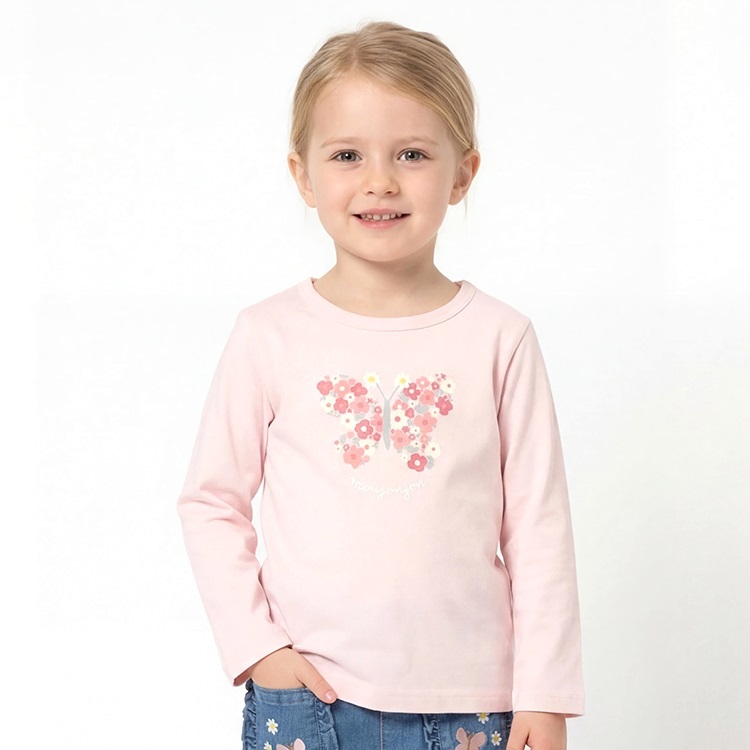 *蝶々プリント長袖Tシャツ(ピンク-110cm)