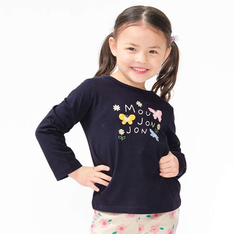 *蝶々プリント長袖Tシャツ(ネイビー-90cm)