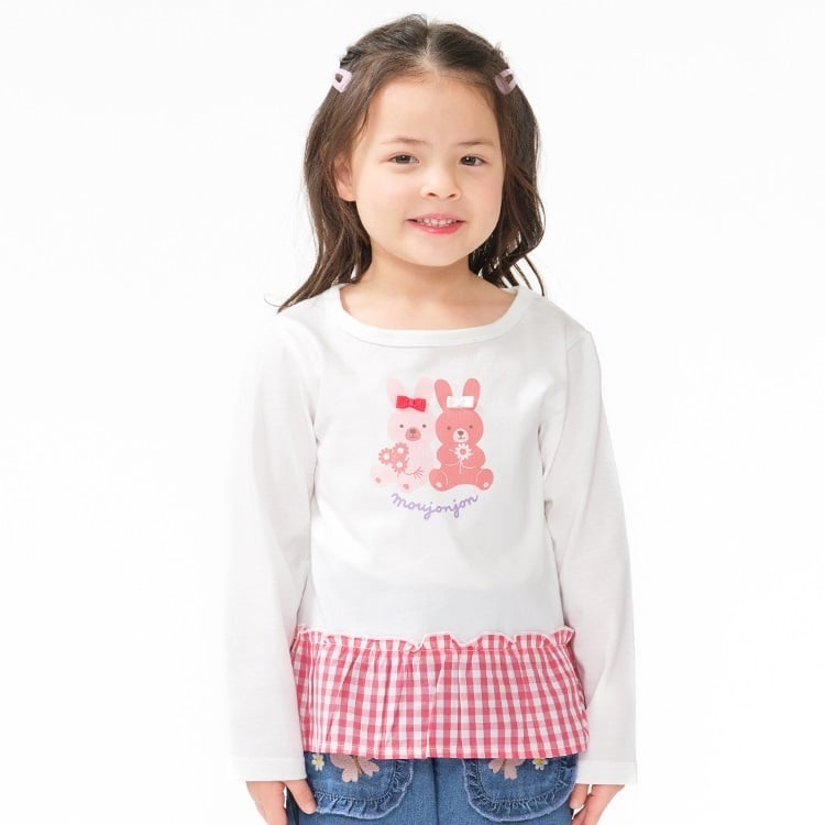 うさぎ・ネコプリント裾チェック長袖Tシャツ(ピンク-100cm)