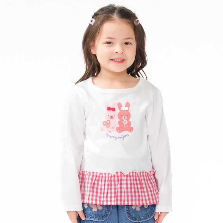 うさぎ・ネコプリント裾チェック長袖Tシャツ(ピンク-110cm)