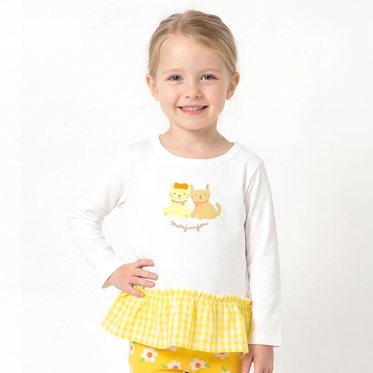 うさぎ・ネコプリント裾チェック長袖Tシャツ(イエロー-80cm)