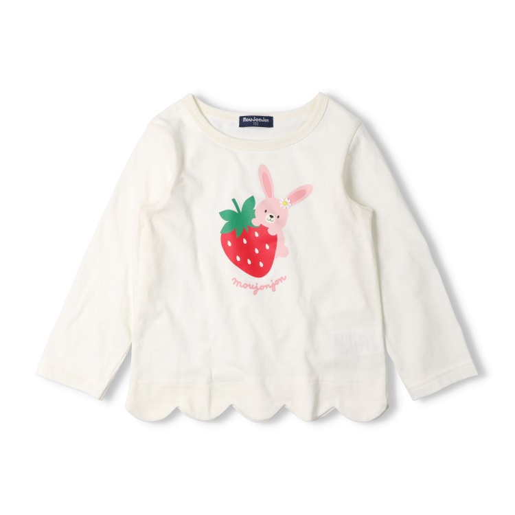 いちごプリント裾スカラップ長袖Tシャツ(ホワイト-120cm)