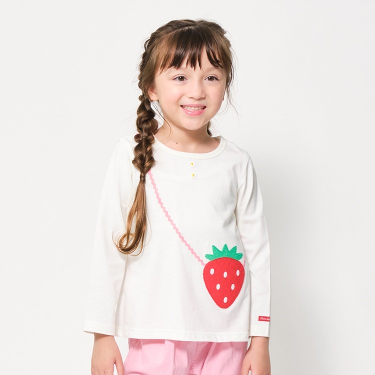 いちごポシェット風長袖Tシャツ(ホワイト-110cm)