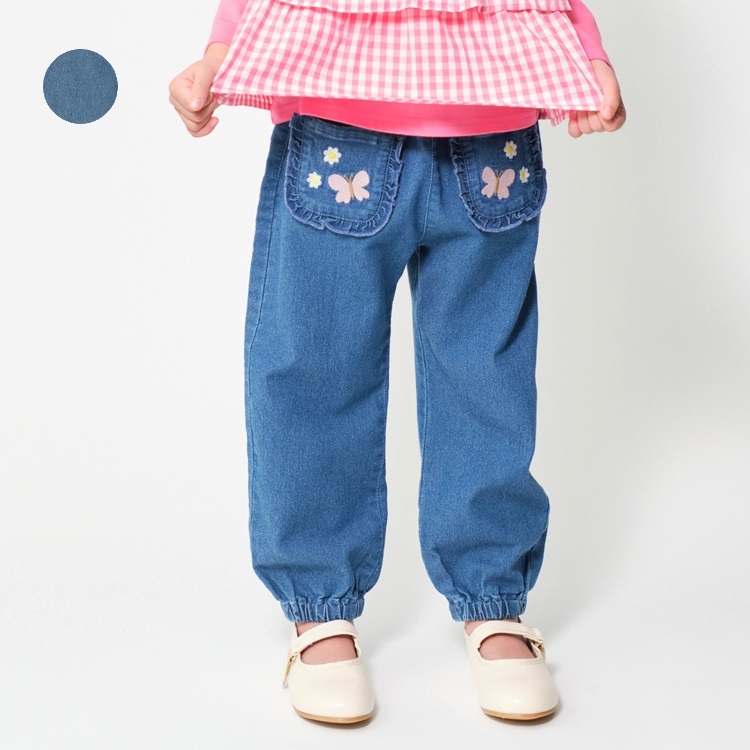 蝶々お花刺繍デニムロングパンツ